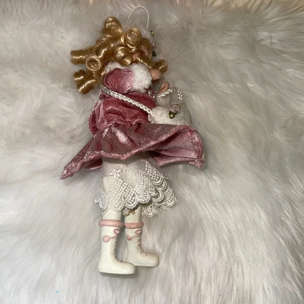 Vintage Dillard's Trimmings Winter Girl Ornament Pink‎ Velvet Coat w/ Box